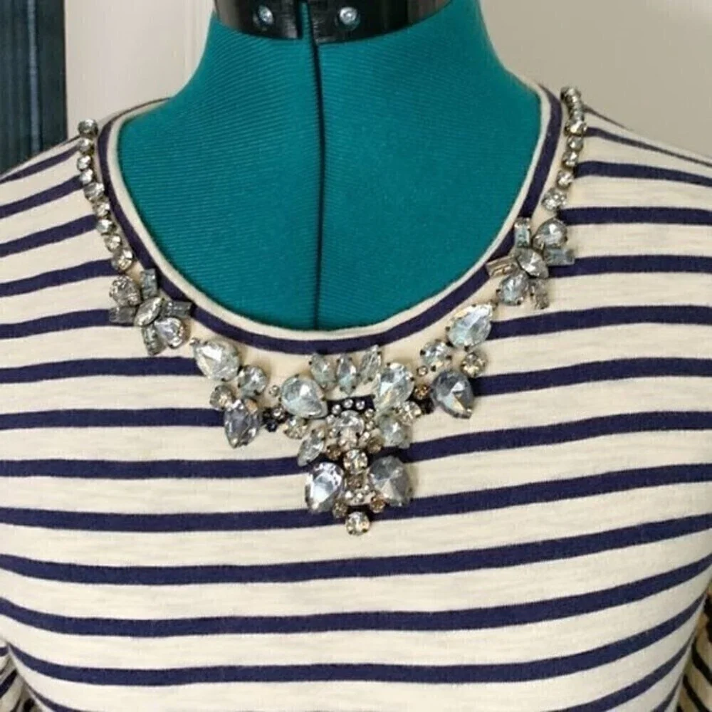 J. Crew Nautical Stripe Rhinestone Crew Neck 3/4 Sleeve Casual Top